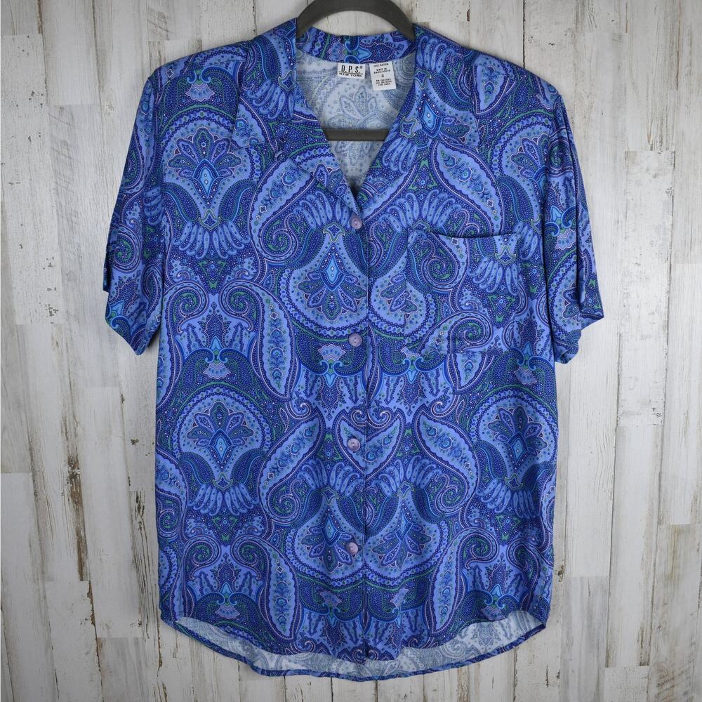 90s Vintage Paisley Button Up Blouse Women's Small Medium Rayon Coastal Boho